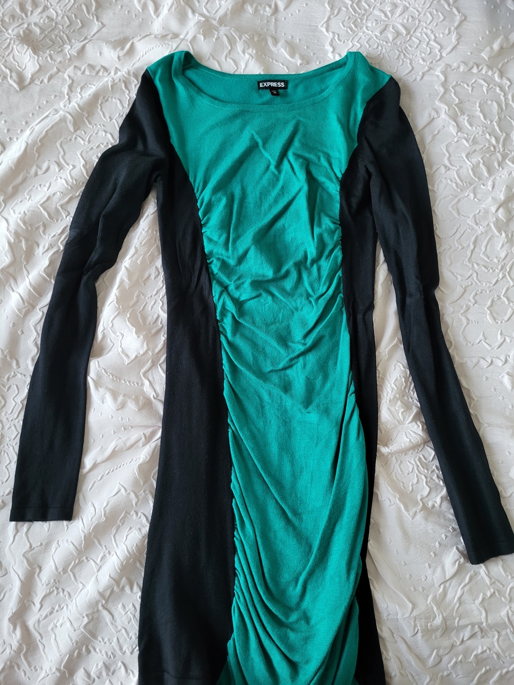 Express Teal and Black Ruched Long Sleeve Dress